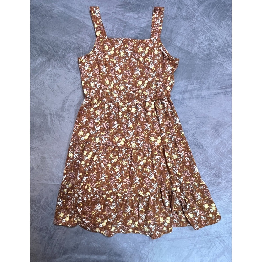 Trixxi Girl Tiered Dress Girls 10 Brown Floral Ruffle Trim Stretch Square Neck